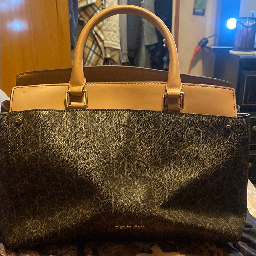 Calvin Klein Black and Tan Shoulder Bag